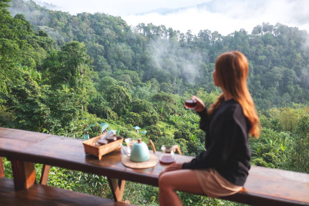istock Blurred of a young woman making and drinking drip coffee while looking at a beautiful mountain and nature view 1401508889