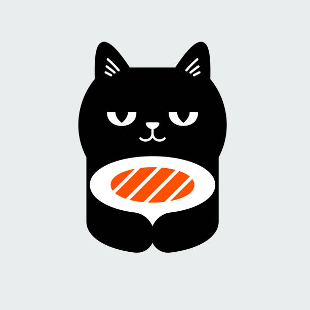 illustrazioni stock, clip art, cartoni animati e icone di tendenza di gatto nero con rotolo di salmone - temaki food sushi salmon