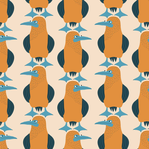 Funny blue-footed boobies hand drawn vector illustration. Cute colorful birds in flat style seamless pattern for kids fabric or wallpaper.