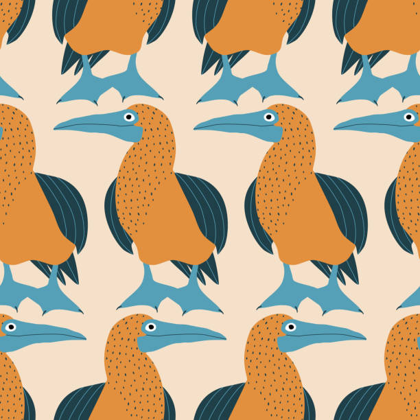 Adorable blue-footed boobies hand drawn vector illustration. Funny colorful birds in flat style seamless pattern for fabric or wallpaper.