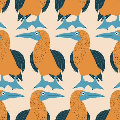 Adorable blue-footed boobies hand drawn vector illustration. Funny colorful birds in flat style seamless pattern for fabric or wallpaper.