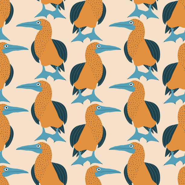 Cute blue-footed boobies hand drawn vector illustration. Funny yellow birds in flat style seamless pattern for kids fabric or wallpaper.