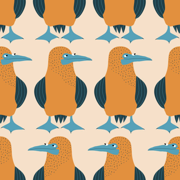 Blue-footed boobies hand drawn vector illustration. Adorable colorful birds in flat style seamless pattern for children fabric or wallpaper.