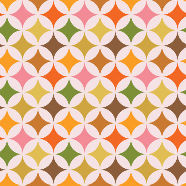 Mid century modern colorful starburst on white circles seamless pattern Mid century modern colorful starburst on white circles seamless pattern. For textile, home décor and fabric illusion pattern circle image created 1960s stock illustrations