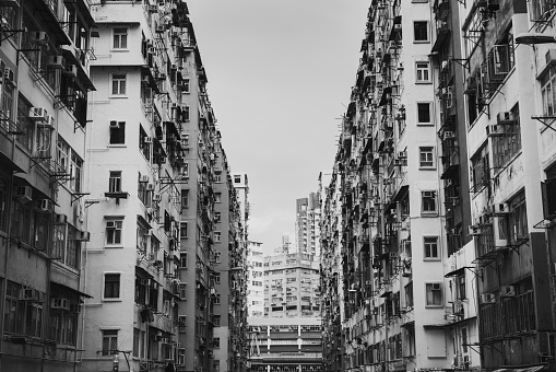 Exterior of old high rise residential building in Hong Kong city