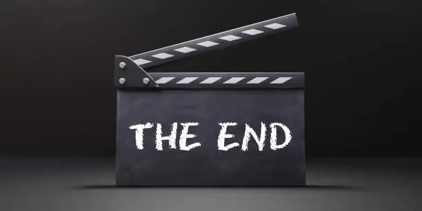 Movie clapper, THE END text on cinema scene clapperboard. Black dump slate. Filmmaking, video production. 3d render