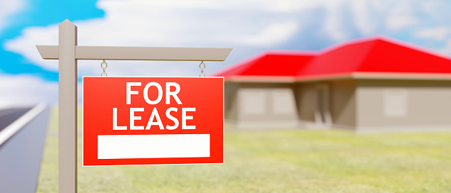 For lease sign, blur house background. Real estate business, residential building offer for rent concept. 3d render