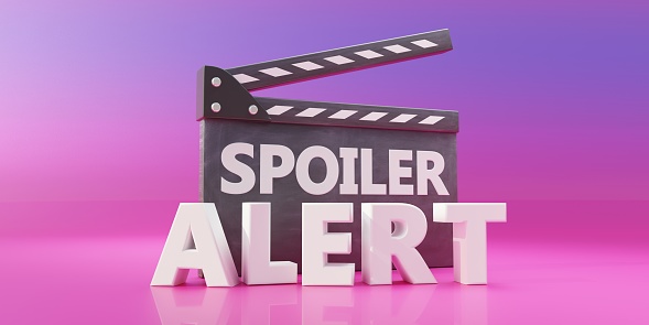 SPOILER ALERT text and cinema scene clapperboard. Black Movie clapper on pink purple background. Filmmaking, video production. 3d render