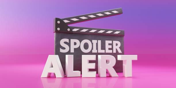 SPOILER ALERT text and cinema scene movie clapper on pink purple background. 3d render stock photo