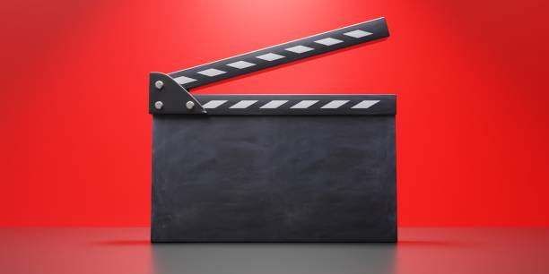 istock Movie clapper, blank empty clapperboard on red background, copy space. Filmmaking, video. 3d render 1401511602