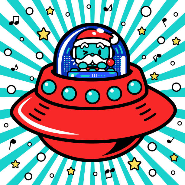 ein süßer weihnachtsmann steuert ein unlimited power-raumschiff oder ufo in das metaversum - driving speed humor video game stock-grafiken, -clipart, -cartoons und -symbole