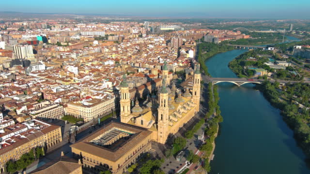 Aerial view of Cathedral-Basilica of Our Lady of the Pillar (Spanish: Catedral-Basílica de Nuestra Señora del Pilar) in the city of Zaragoza, Aragon, Spain