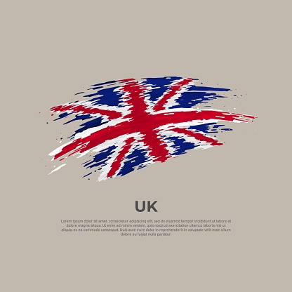 Great Britain flag. Brush painted UK flag on a white background. Brush strokes. Vector design national poster, template. Place for text.  State patriotic banner of united kingdom, cover. Copy space