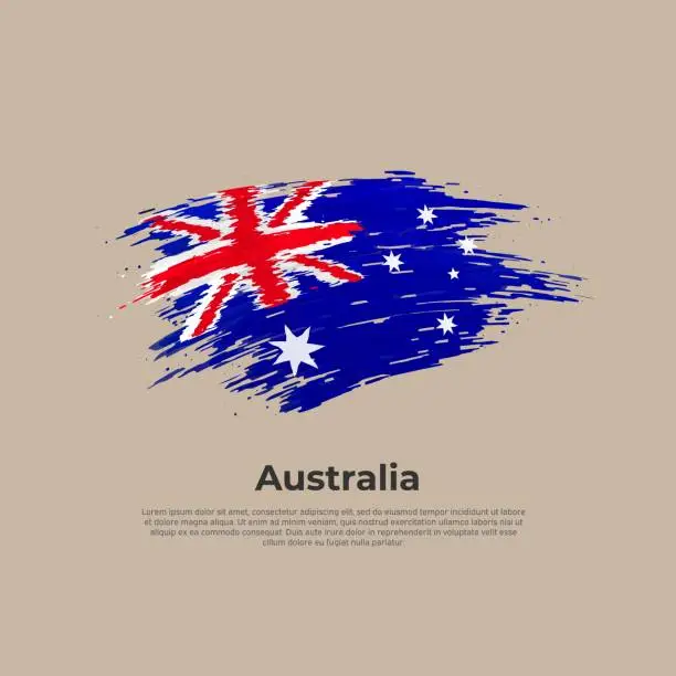 Vector illustration of Australia flag. Brush painted australian flag on a white background. Brush strokes. Vector design national poster, template. Place for text.  State patriotic banner of australia, cover. Copy space