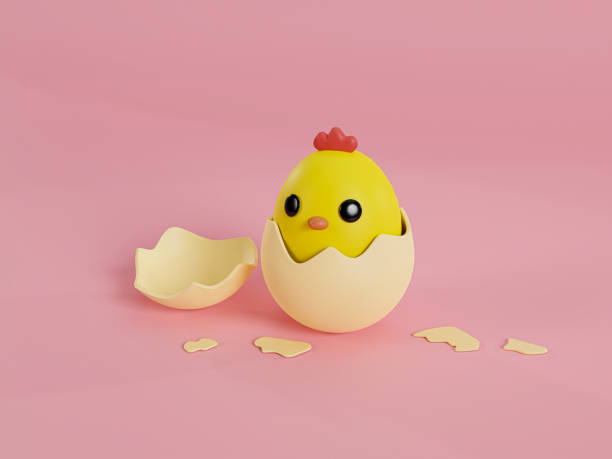 istock 3d chick hatches with eggshells scattered all over the floor. 1401513884
