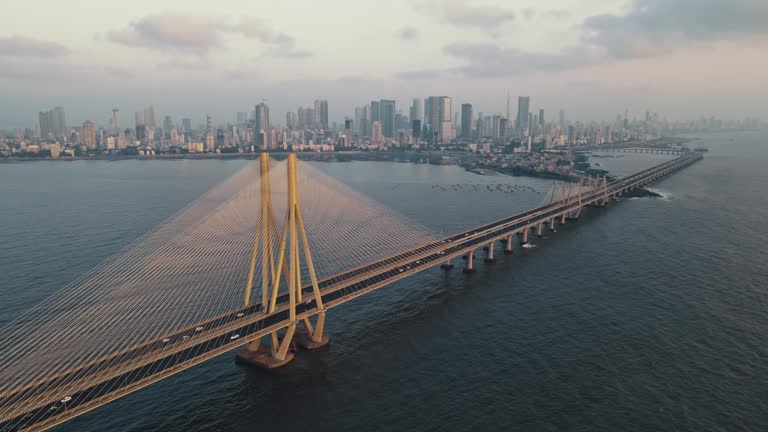 Cinematic Aerial view of Bandra Worli Sea Link in Mumbai, India.