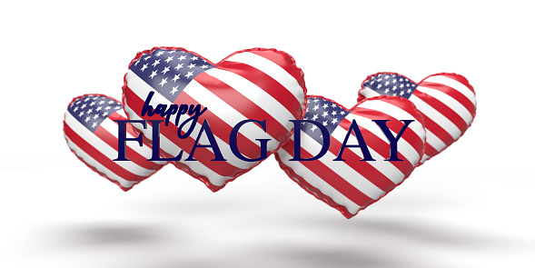 14th June - Flag Day in the United States of America concept. US flag poster. Important USA army birthday holiday text symbol banner, flyer, sticker, etc. Design template background in 3D. American National Flag week celebration. Heart shaped balloon for social media. clipping path. Easy to edit.