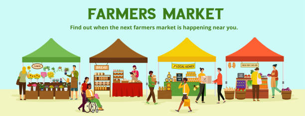 illustrazioni stock, clip art, cartoni animati e icone di tendenza di mercato contadino, bancarelle di cibo locale con persone che acquistano prodotti agricoli - farmers market