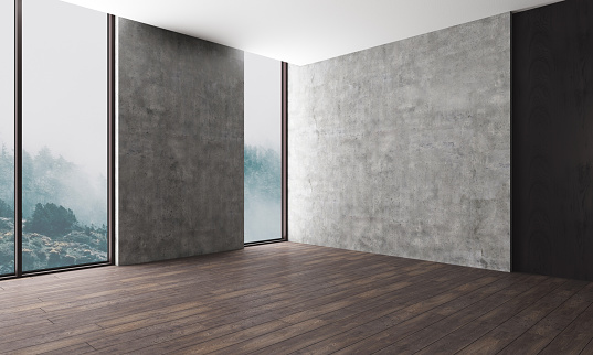 Ceramic textured walls and parquet flooring. Large windows without curtains. natural light input