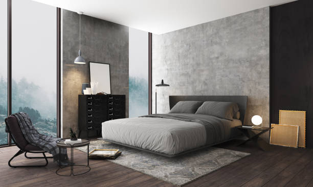 istock 3d illustration. Gray bedroom 1401515762