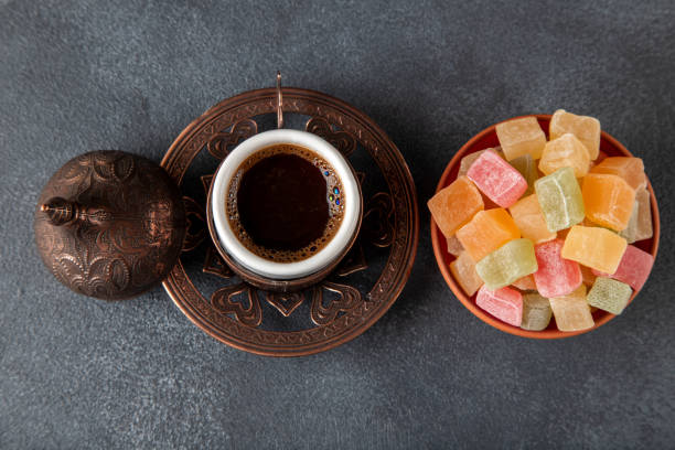 istock Traditional Turkish delight and Turkish coffee, directly above 1401516054