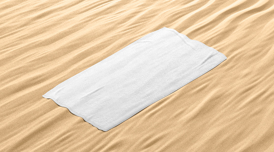 Blank white smooth unfolded big towel mock up, sand background, 3d rendering. Empty fabric rectangular bath sheet on sandy surface mockup, side view. Clear dry absorb jack-towel template.