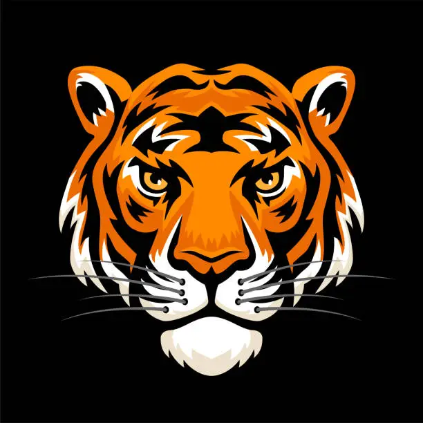 Vector illustration of Tiger Head Logo. Mascot Creative Design. Black Background.