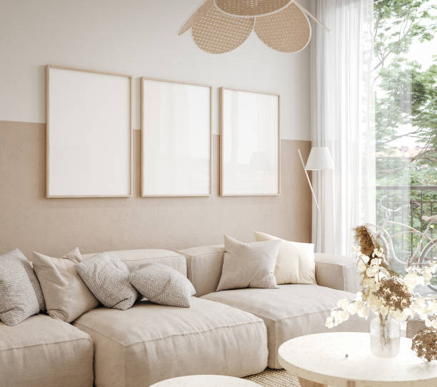 istock Mockup frame in home interior background, living room in pastel beige colors, boho style 1401517042