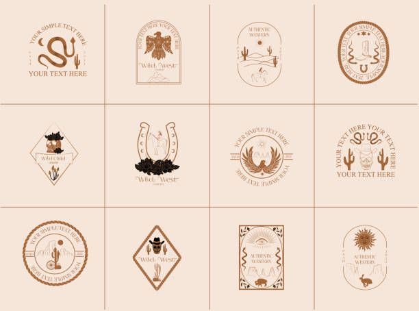 Collection of Western emblem Collection of Western emblem with cowboy, desert landscape, cactus, skull, horseshoe. Wild West icons. Editable vector illustration. Southern Star stock illustrations