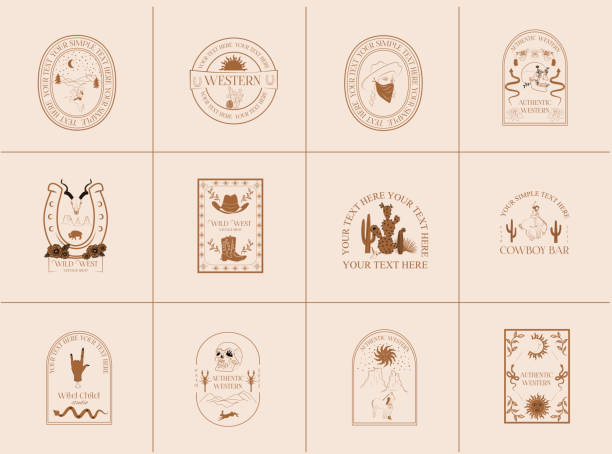 Collection of Western emblem Collection of Western emblem with cowboy, desert landscape, cactus, skull, horseshoe. Wild West icons. Editable vector illustration. cowgirl stock illustrations