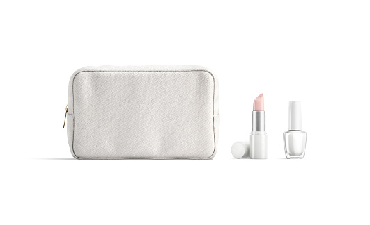 Blank white cosmetic bag, lipstick tube and nail polish mockup, 3d rendering. Empty female beauty case with pomade and nailpolish mock up, isolated. Clear visagiste cosmetics stuff template.