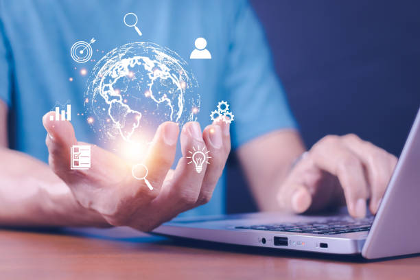 istock Man  holding virtual Global Internet connection metaverse. Business global internet connection application technology and digital marketing, Financial and banking, Digital link tech, big data. 1401519908