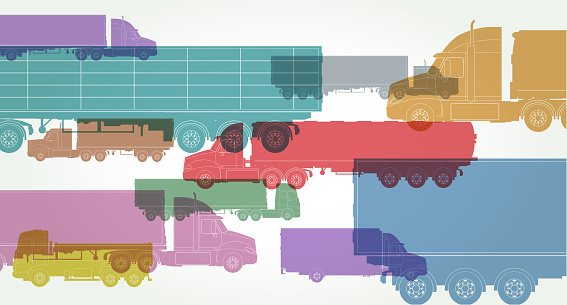 Overlapping silhouettes of Lorries or Trucks. America, USA, Border, economy, Cargo, Ferry,
