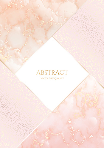 Luxury elegant background. Pink marble with gold veins, dots with a glittering effect and shiny borders. Modern premium template in pastel colors with a copy space for invitation, card, notebook cover