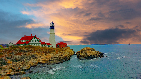 Portland head lighthouse with dramatic sky