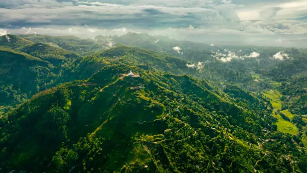 Aerial drone view of Mahamevnawa Buddhist Temple in Ella, Sri Lanka