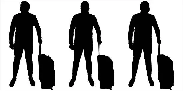 Vector illustration of The big man with a suitcase on wheels stands still. A guy in a tracksuit, sneakers. A man stands straight with a suitcase on wheels, luggage. Full face. Three black male silhouettes isolated on white