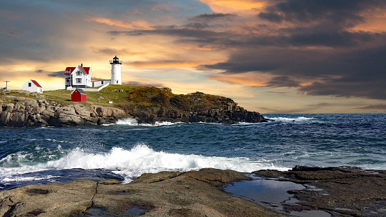 Nubble lighthouse with dramatic sky