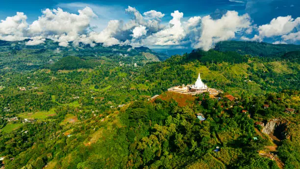 Aerial drone view of Mahamevnawa Buddhist Temple in Ella, Sri Lanka