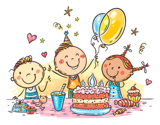 Cartoon doodle happy kids birthday party with a big cake vector art illustration