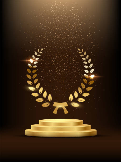 ilustrações de stock, clip art, desenhos animados e ícones de golden podium with laurel glowing. gold stage with glitter and light fog on dark background. hollywood fame in film and cinema or championship in sport vector illustration - star shape hollywood california gold three dimensional shape