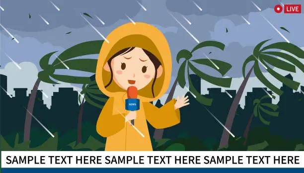 Vector illustration of A reporter reporting heavy rain.