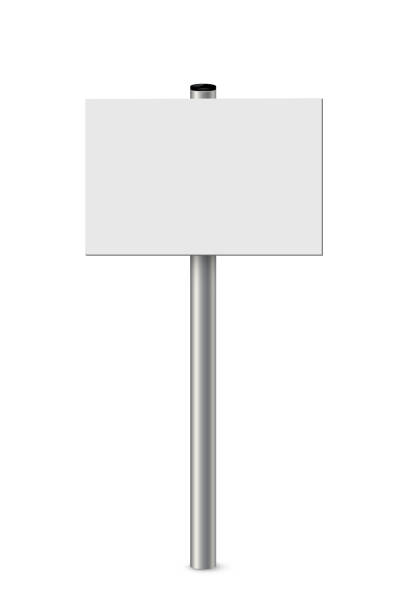 istock Empty metal sign post vector illustration. Realistic 3d blank steel signboard with blank placard for information and white plank, billboard panel on bollard, guidepost isolated on white background. 1401522438