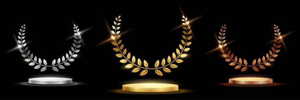 goldene, silberne und bronzene award-schilder mit podestplätzen lorbeerkranz isoliert auf schwarzem hintergrund. designvorlagen für vector awards - jury entertainment stock-grafiken, -clipart, -cartoons und -symbole