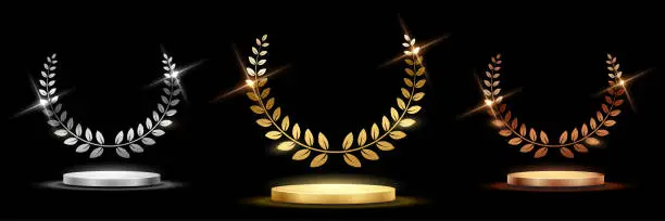 Vector illustration of Golden, silver and bronze award signs with podiums laurel wreath isolated on black background. Vector award design templates