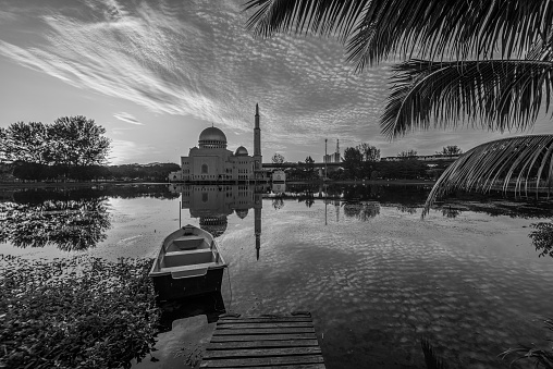 A black and white landscape photo of As-Salam Mosque, Puchong
