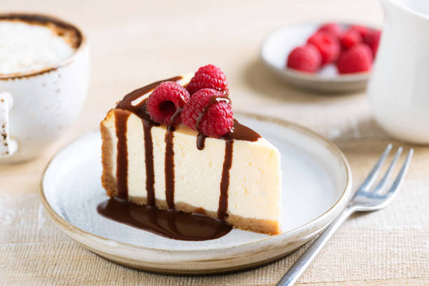 istock Classical New York Cheesecake Slice With Chocolate Sauce 1401523465