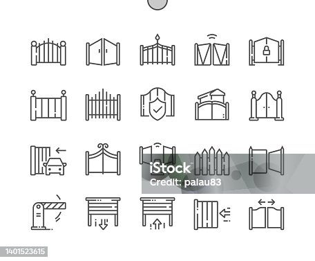 istock Gate. Garage and parking barrier security equipment. Open gate. Pixel Perfect Vector Thin Line Icons. Simple Minimal Pictogram 1401523615