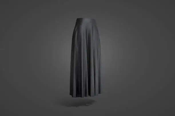 Blank black women maxi skirt mockup, dark background, 3d rendering. Empty cotton or chiffon gown for casual wear mock up, side view. Clear long female petticoat or dress template.