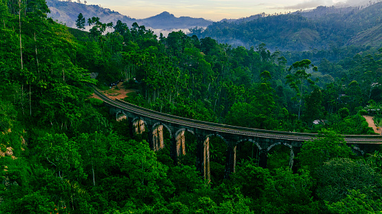 Aerial view of the Nine Arches Bridge in Demodara, Ella, Sri Lanka